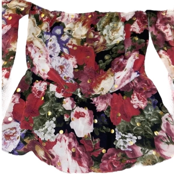 Express Off-the-Shoulder Elastic Waist Floral Gold Dot Top Blouse Size Medium - Picture 4 of 7